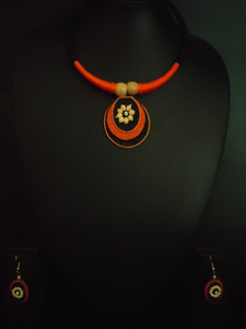 Minimalist Elegant Orange & Black Jute Necklace Set with Thread Closure