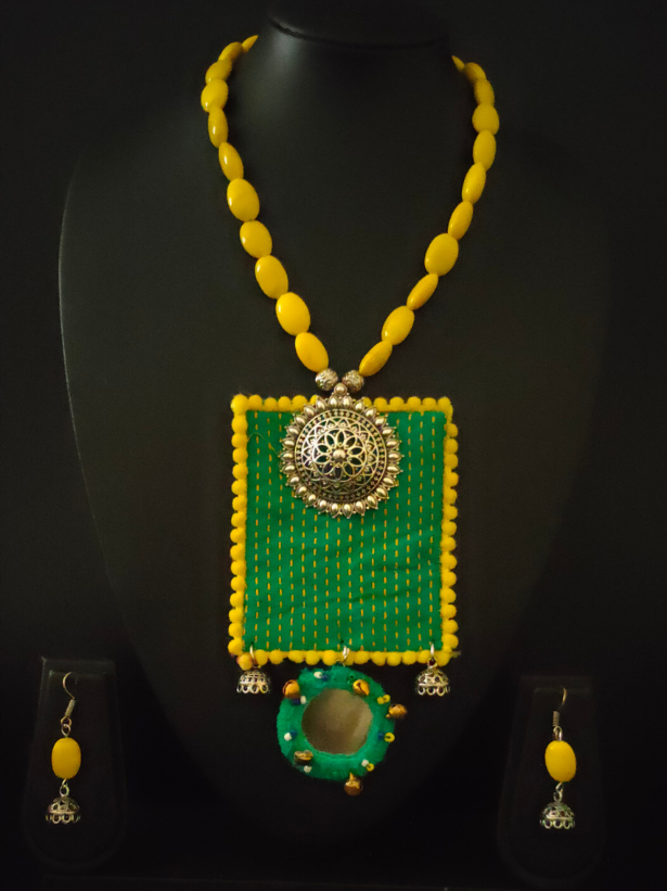 Green Kantha Work Necklace Set with Warrior Metal Pendant and Stones