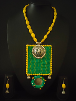 Load image into Gallery viewer, Green Kantha Work Necklace Set with Warrior Metal Pendant and Stones
