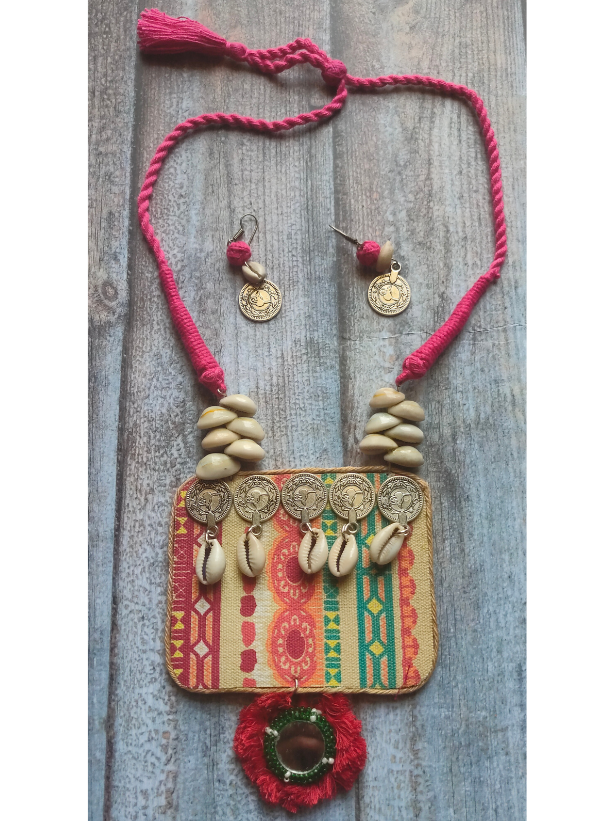 Fabric, Stamped Coins and Shells Vibrant Long Necklace Set