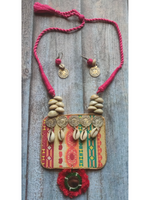 Load image into Gallery viewer, Fabric, Stamped Coins and Shells Vibrant Long Necklace Set
