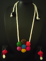 Kantha Work Fabric Necklace Set with Rope Closure and Shell Earrings