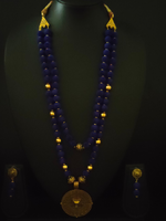 Load image into Gallery viewer, 2 Layer Blue Fabric Beads Necklace Set with Antique Gold Finish Metal Pendant
