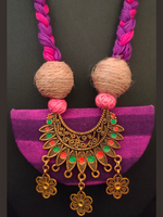 Load image into Gallery viewer, Fabric and Antique Gold Finish Metal Pendant Necklace Set with Braided Threads Closure
