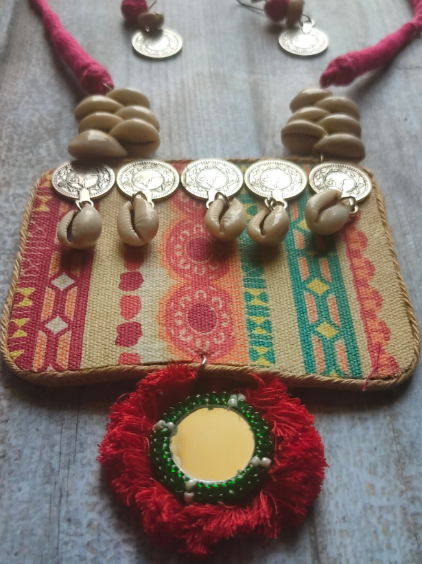 Fabric, Stamped Coins and Shells Vibrant Long Necklace Set