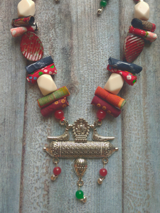 Statement Multi-Color Necklace Set with Tibetan Stones and Fabric