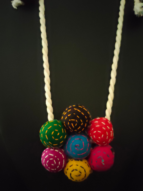 Kantha Work Fabric Necklace Set with Rope Closure and Shell Earrings