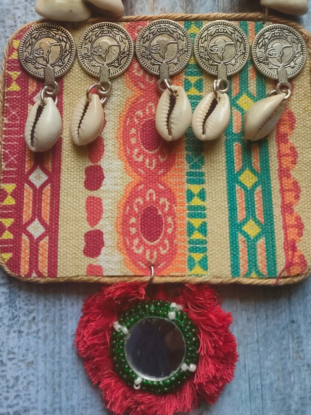 Fabric, Stamped Coins and Shells Vibrant Long Necklace Set