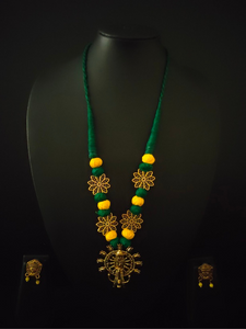 Antique Gold Finish Religious Motif Fabric Beads Necklace Set