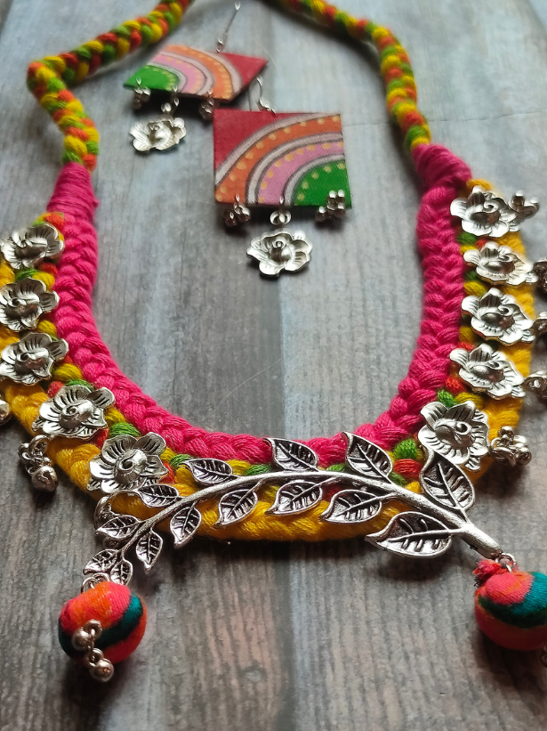 Yellow & Pink Braided Fabric Threads Necklace Set with Metal Pendant