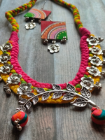 Load image into Gallery viewer, Yellow &amp; Pink Braided Fabric Threads Necklace Set with Metal Pendant
