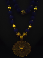 Load image into Gallery viewer, 2 Layer Blue Fabric Beads Necklace Set with Antique Gold Finish Metal Pendant
