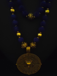 2 Layer Blue Fabric Beads Necklace Set with Antique Gold Finish Metal Pendant