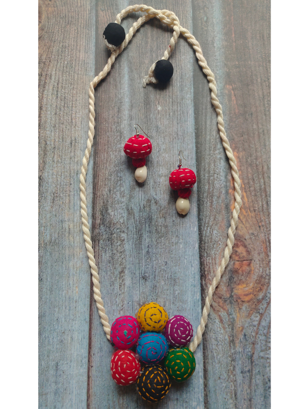 Kantha Work Fabric Necklace Set with Rope Closure and Shell Earrings