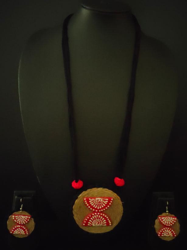 Jute and Fabric Necklace Set with Hand Painted Wooden Pendant