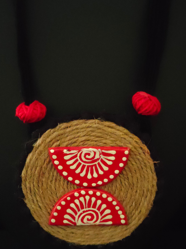 Jute and Fabric Necklace Set with Hand Painted Wooden Pendant