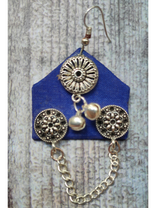Elegant Ink Blue Fabric Dangler Earrings with Metal Chain String
