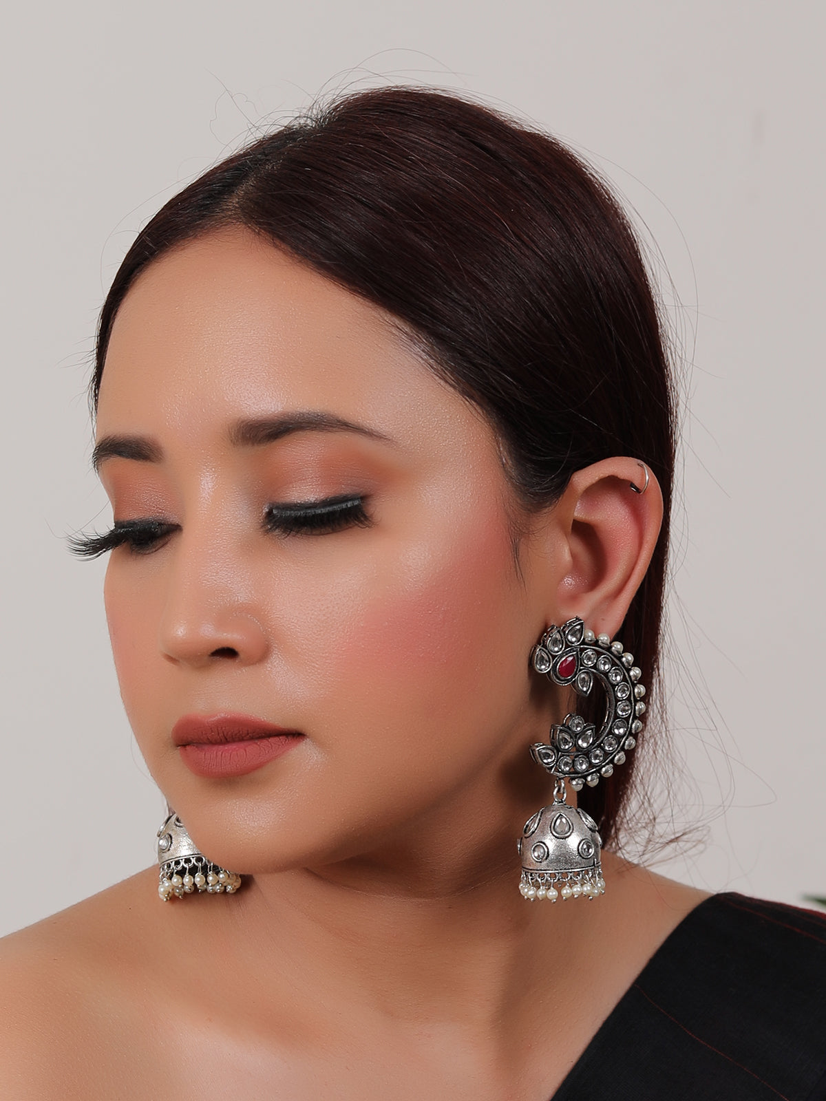Kundan Stones Embedded Peacock Shape Premium Oxidised Finish Jhumka Earrings