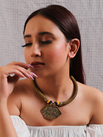 Load image into Gallery viewer, Hasli Style Twisted Fabric Choker Necklace with Antique Gold Finish Metal Pendant
