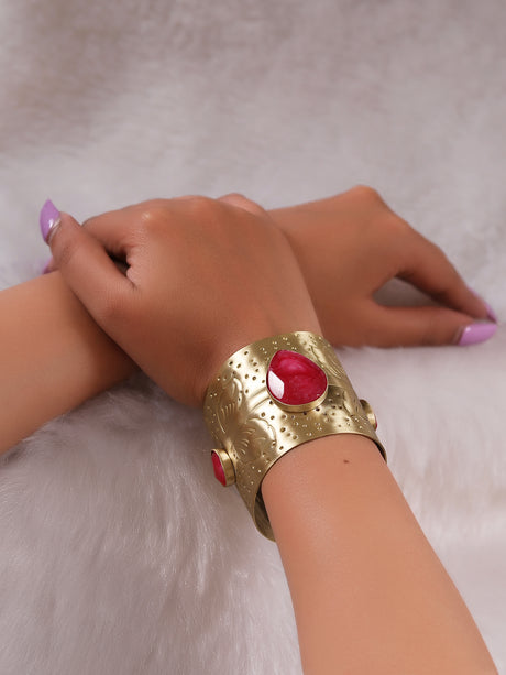 Statement Ruby Centerpiece Embedded Gold Finish Bracelet