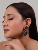 Load image into Gallery viewer, Oxidised Finish Flower Motif Teardrop Earrings Embedded with Ruby Red Stones
