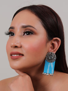 Blue Ikat Fabric Mirror Earrings