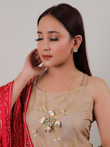 Baroque Pearls Natural Gemstones & Kundan Stones Embedded Gold Toned Versatile Brass Necklace Set