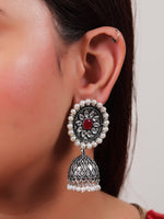 Load image into Gallery viewer, Kundan Stones Embedded Flower Shape Premium Oxidised Finish Jhumka Earrings
