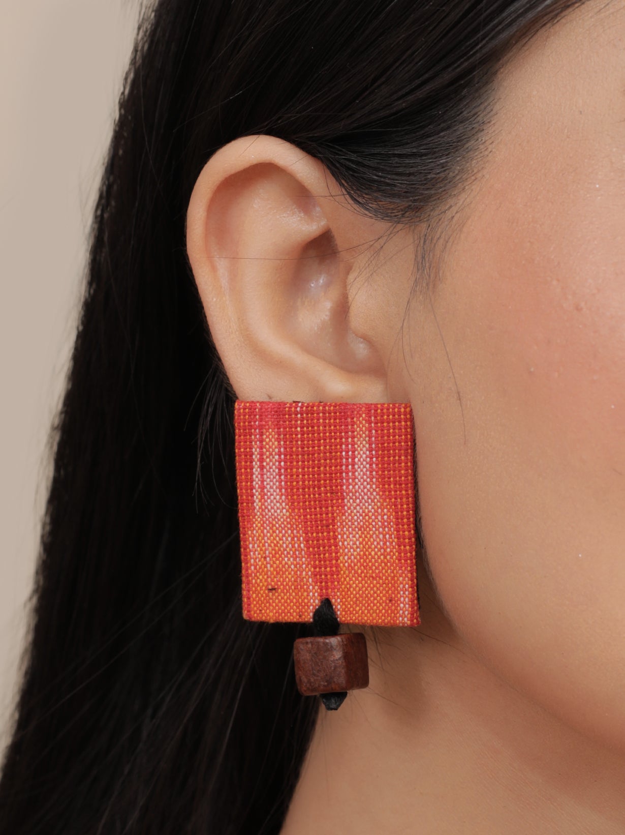 Orange Ikat Fabric Necklace Set with Wooden Beads Strands and Thread Closure