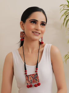 Handcrafted Kalamkari Fabric Necklace Set with Pom Pom