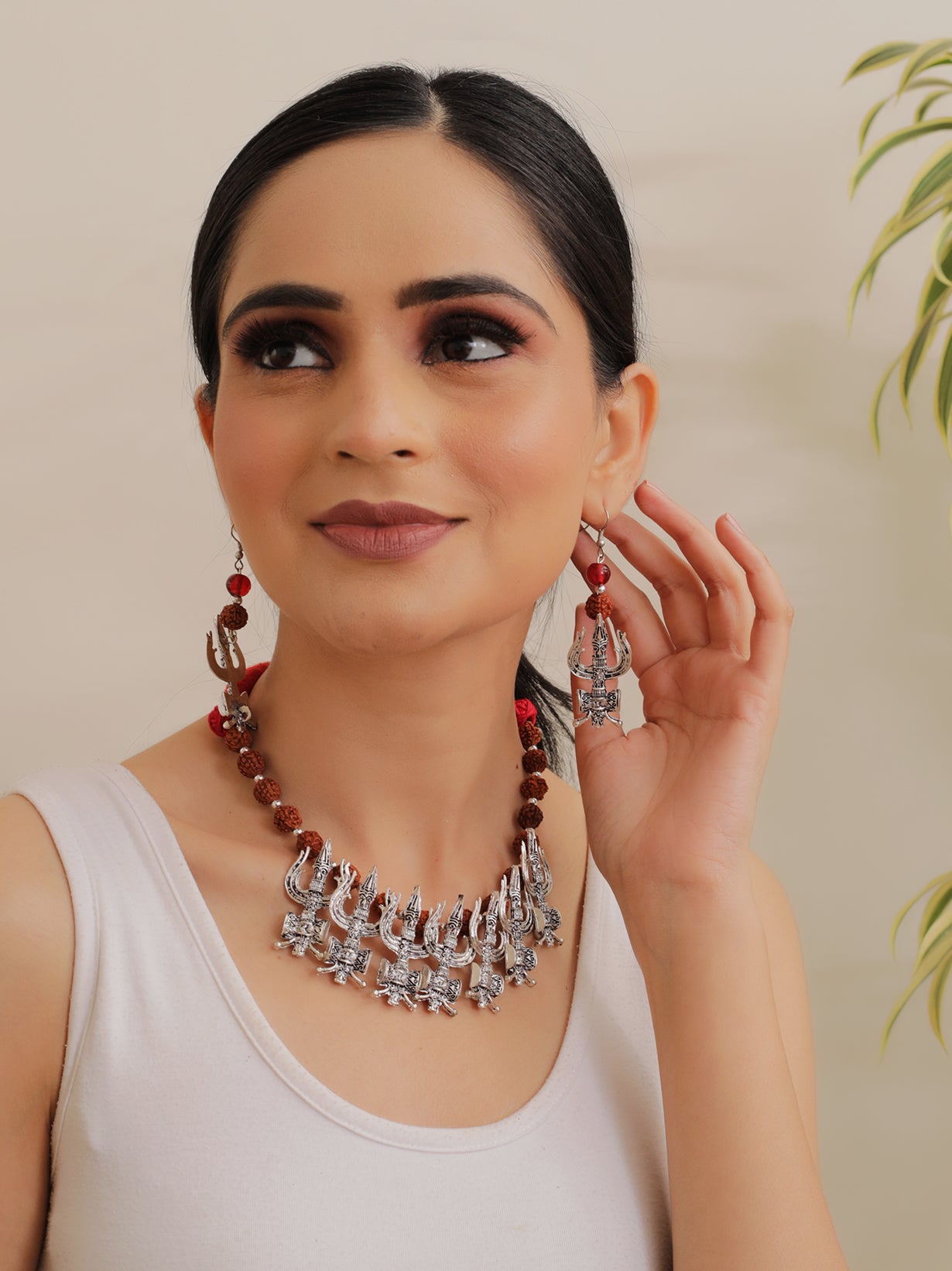 Rudraksha Beads Trishul Necklace Set with Thread Closure