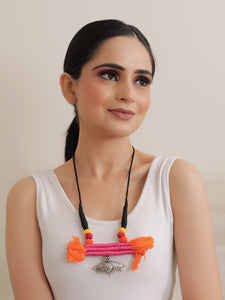 Handcrafted Thread Necklace with Fabric Beads and Metal Pendant