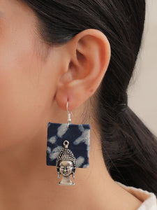 Indigo Fabric Dangler Earrings with Lord Buddha Motif