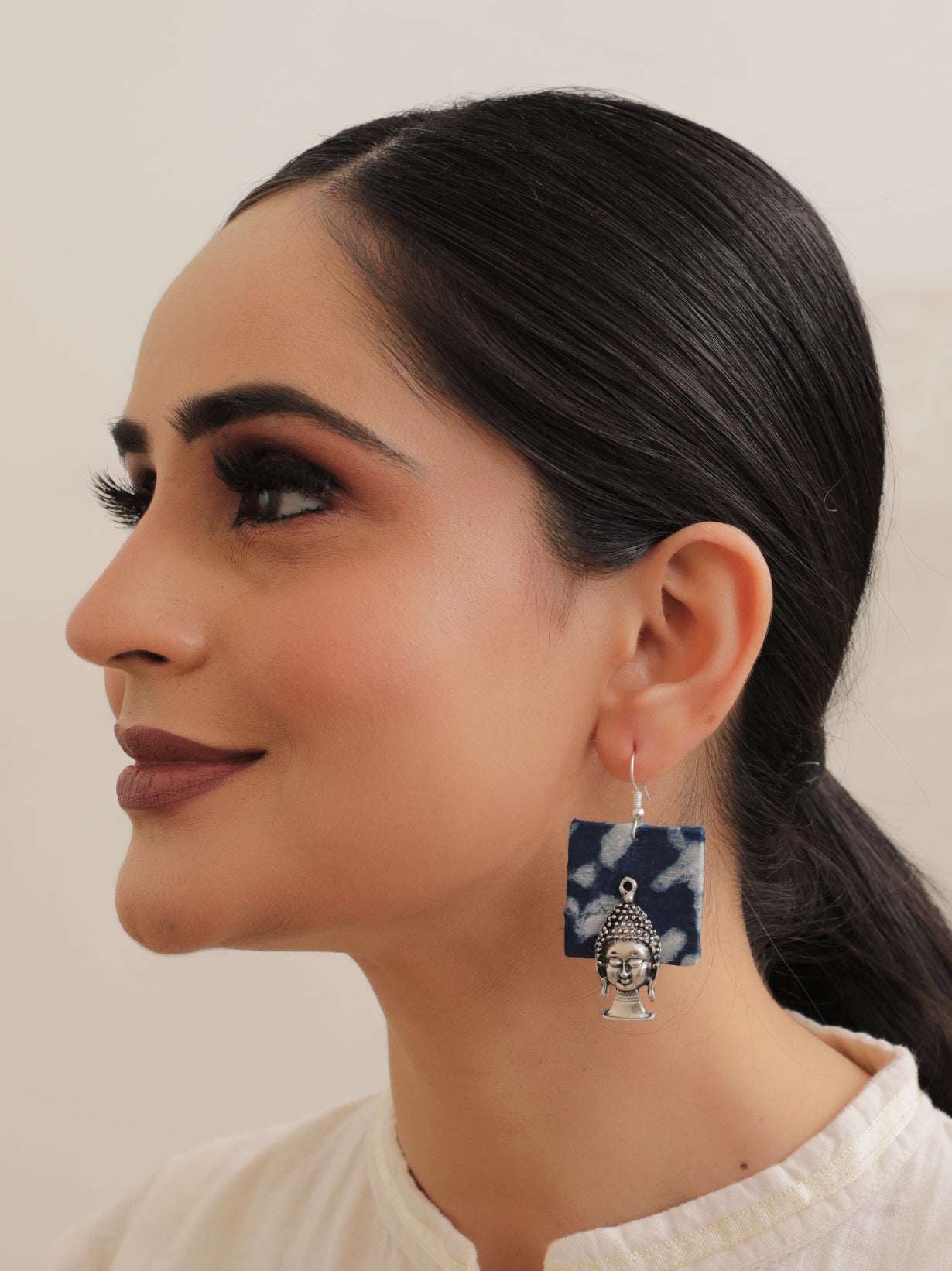 Indigo Fabric Dangler Earrings with Lord Buddha Motif