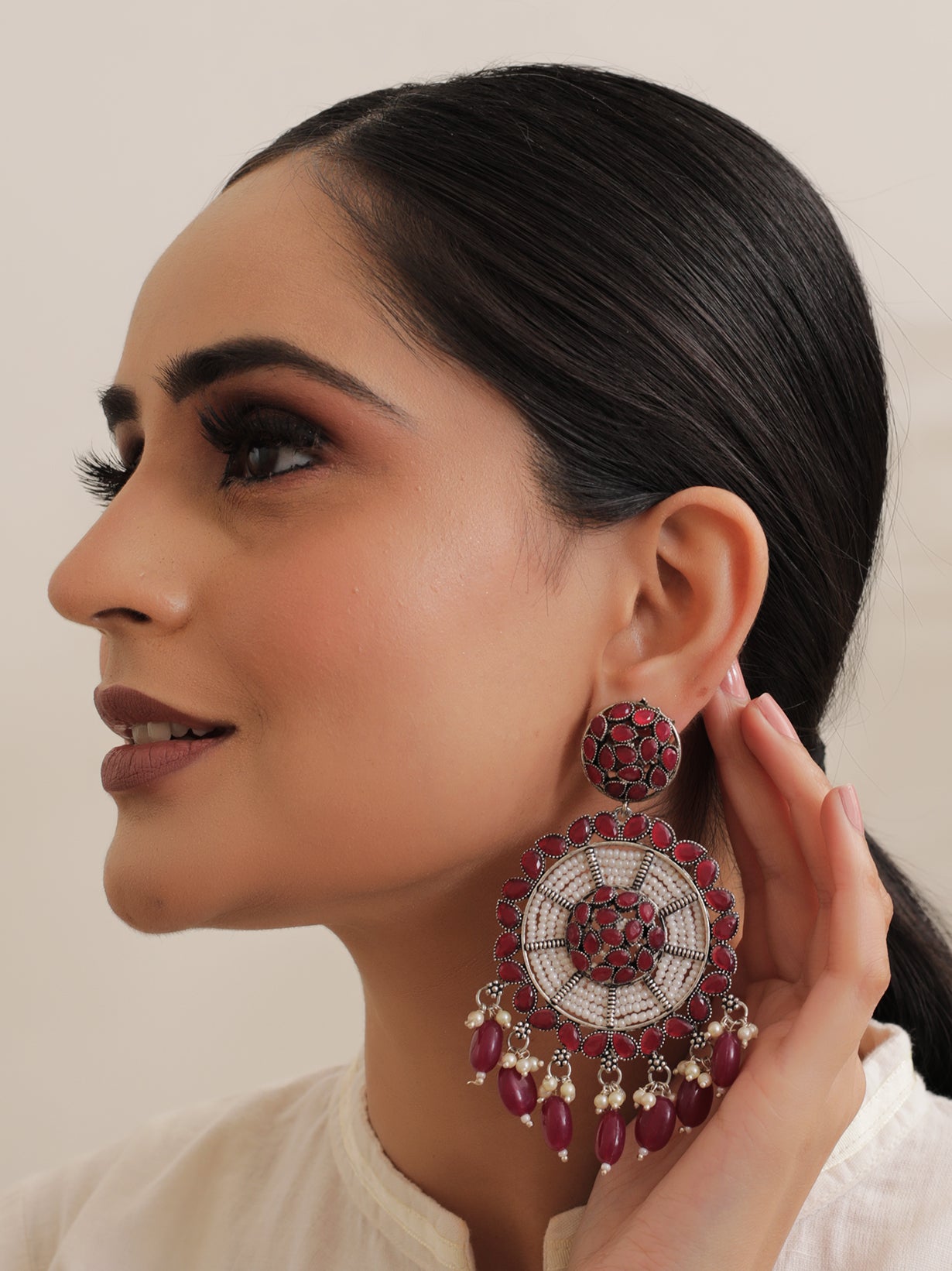 Fuchsia and White Beads Festive Metal Dangler Earrings