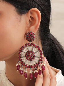Fuchsia and White Beads Festive Metal Dangler Earrings