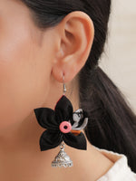 Load image into Gallery viewer, Black Handcrafted Fabric Earrings with Jhumka Endings
