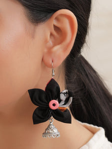 Black Handcrafted Fabric Earrings with Jhumka Endings