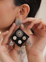 Load image into Gallery viewer, Fabric and Mirror Work Black Dangler Earrings with Metal Trinkets
