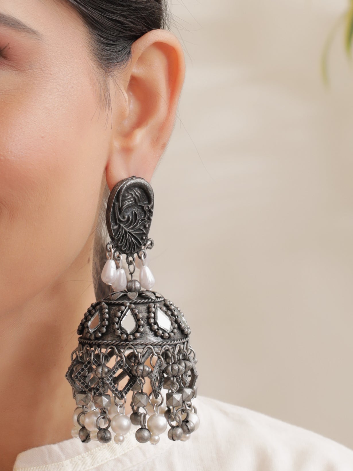 Mirror Work Jhumka Earrings with Metal Trinkets and Beads