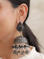 Load image into Gallery viewer, Long Dangler Jhumka Earrings with Rhinestones and White Beads
