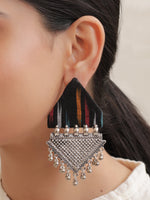 Load image into Gallery viewer, Black Ikat Fabric Earrings with Metal Detailing

