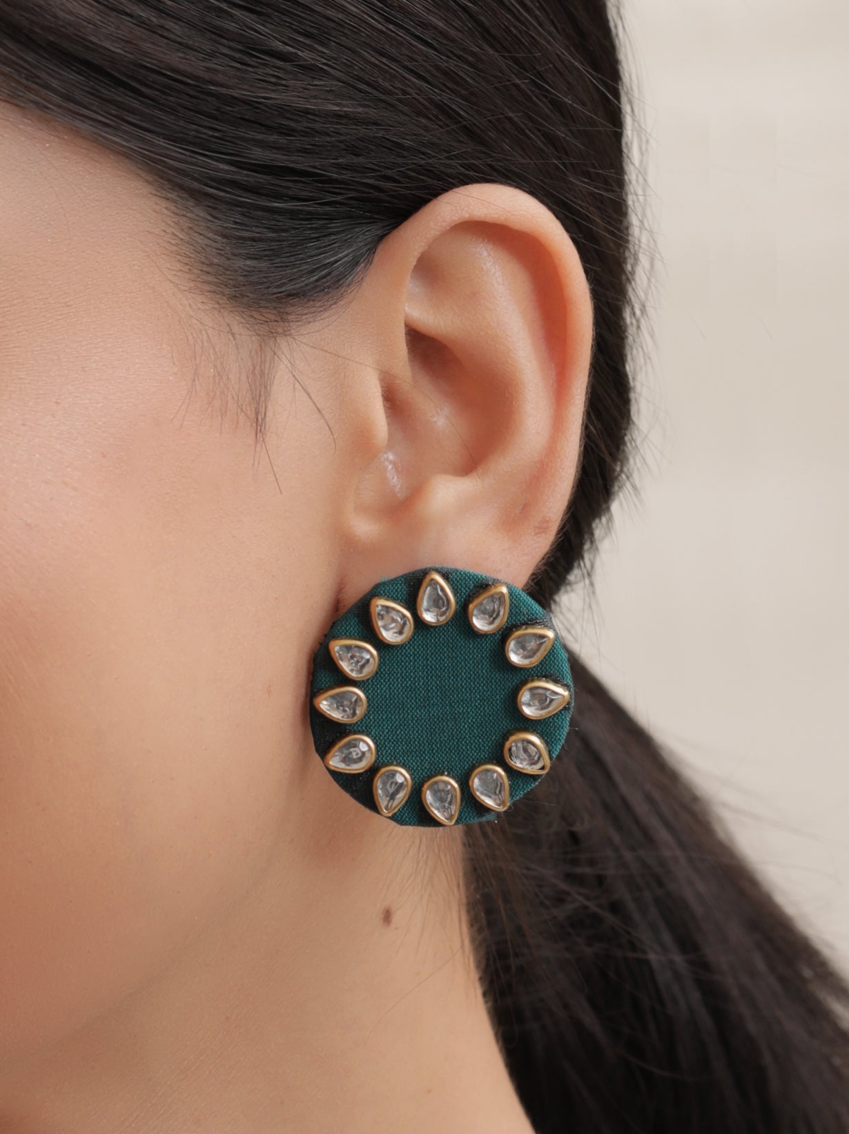 Blue Circular Fabric Stud Earrings with White Stones Detailing