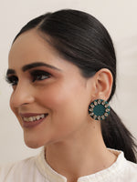 Load image into Gallery viewer, Blue Circular Fabric Stud Earrings with White Stones Detailing
