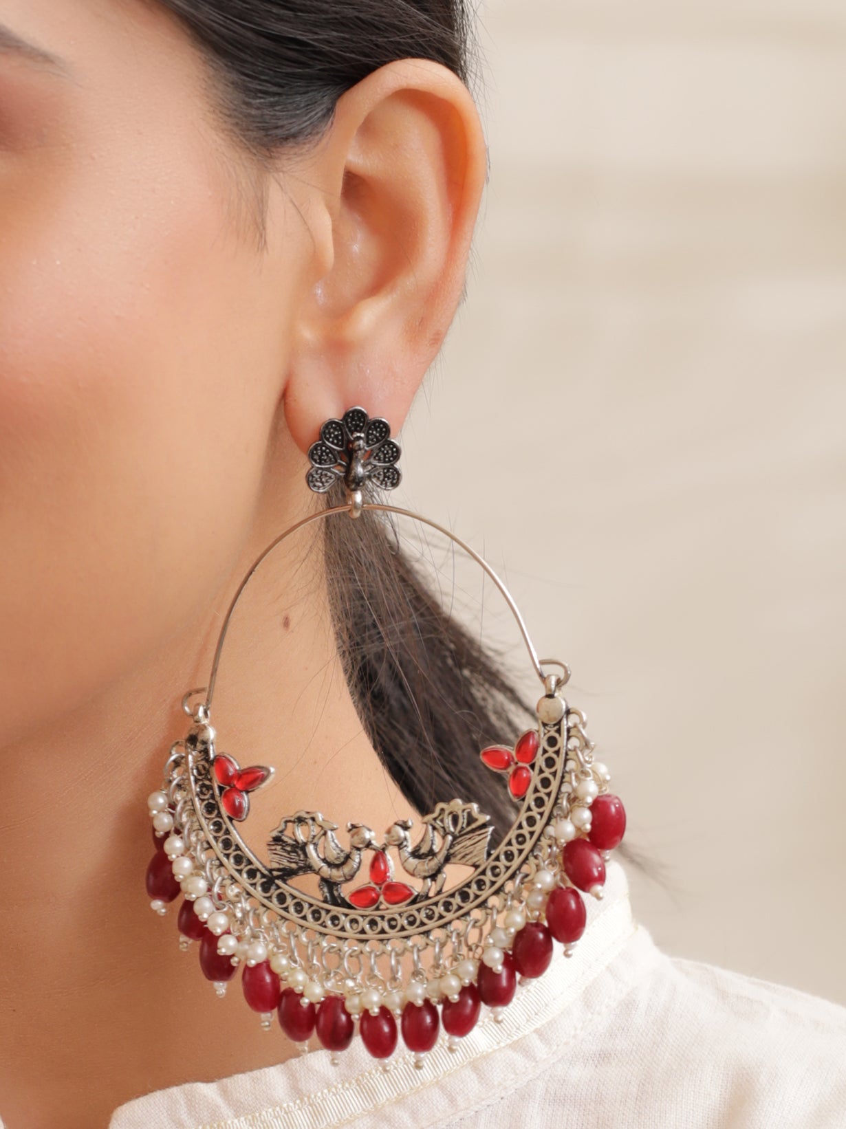 Chandbali Dangler Earrings with Peacock Motifs and Maroon Beads