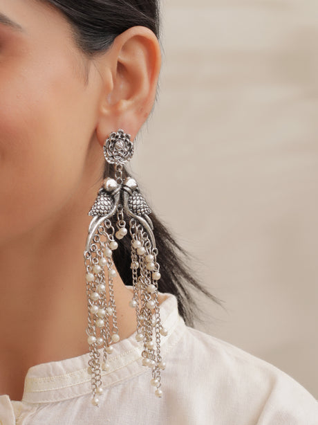 Intricately Crafted Long Peacock Earrings with White Beads