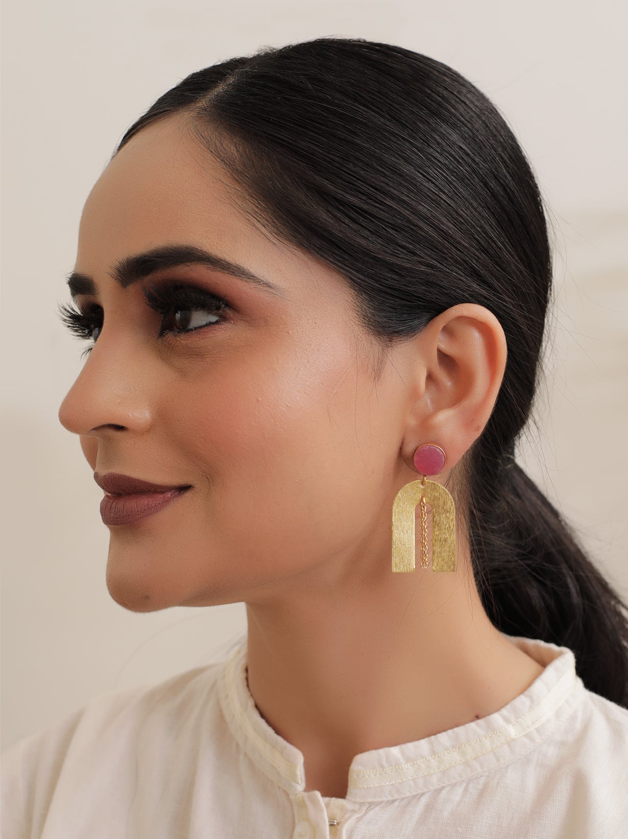 Horse Shoe Brass Earrings with Chain Strings and Pink Stone