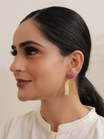 Load image into Gallery viewer, Horse Shoe Brass Earrings with Chain Strings and Pink Stone
