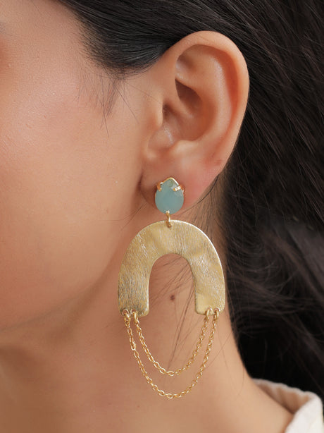 Horse Shoe Brass Earrings with Chain Strings and Turquoise Stone