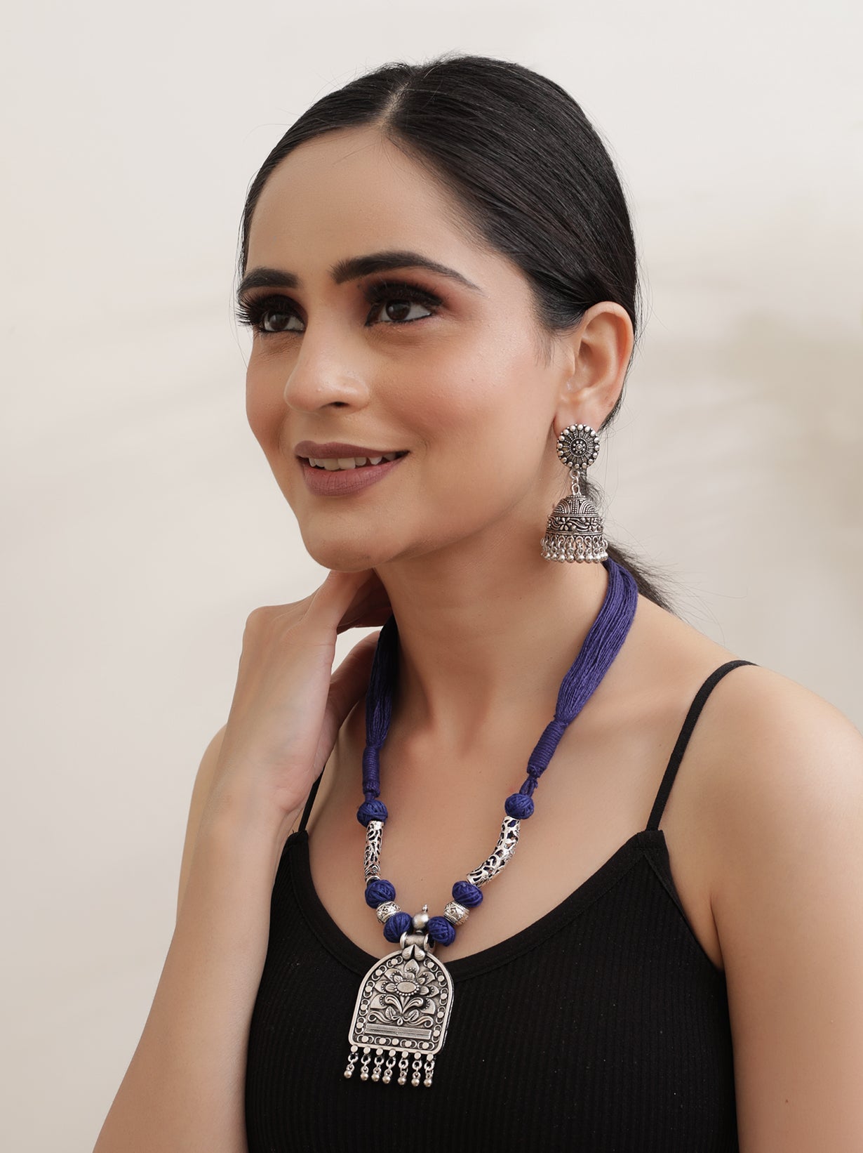 Thread Closure Necklace Set with Fabric Beads and Jhumka Earrings
